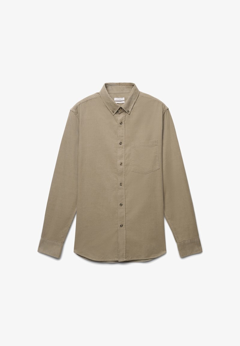 Camicia khaki con bottoni, colletto, maniche lunghe, taschino sul petto e vestibilità regolare. Realizzata in tessuto morbido e tattile.
