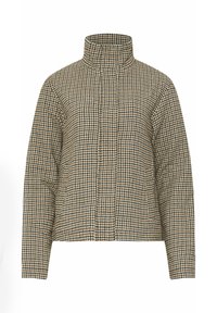 Giacca a scacchi marrone e beige con colletto alto, maniche lunghe e design corto. Presenta una texture trapuntata.