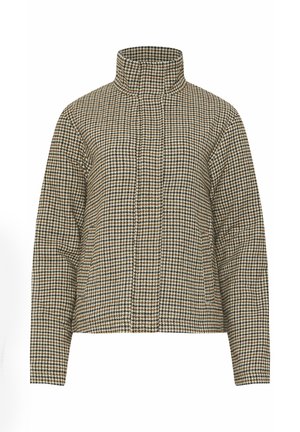 Bruine en beige hachurepatroon jas met een hoge kraag, lange mouwen en een cropped ontwerp. Beschikt over een gewatteerde textuur.