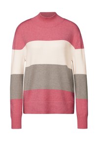 Randig tröja med hög hals, i färgerna ljusrosa, kräm, grå och mörkare rosa. Stickad textur med ribbade muddar.
