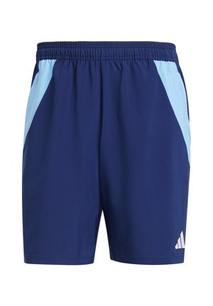 Navy blue athletic shorts with light blue side panels, elastic waistband, and white Adidas logo on the bottom right. Made from lightweight fabric.