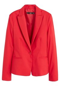 Rode getailleerde blazer met enkele knoopsluiting, revers met inkeping, twee voorzakken, gladde textuur, minimalistisch ontwerp, met een ademende voering.
