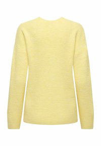 Žuti rebrasti pleteni pulover s okruglim izrezom i dugim rukavima. Tekstura izgleda mekano s opuštenim krojem i minimalnim detaljima.