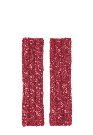 Paar rote und weiße gestrickte fingerlose Handschuhe mit gerippter Struktur und kleinem rundem Metall-Logoanhänger an einem Handschuh.