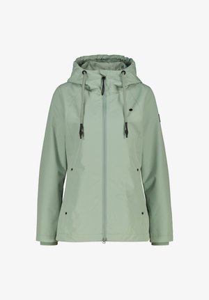 Light green hooded rain jacket with front zipper, adjustable drawstring hood, and side pockets with button closures.