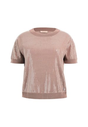 Short-sleeve sweater in light brown with a textured knit pattern and sequin detailing, round neckline, and ribbed hem.