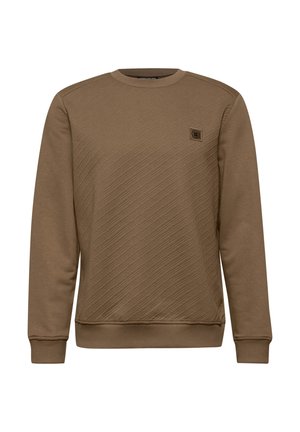 Hnědá mikina z texturované tkaniny s diagonálními vzory, kulatým výstřihem a žebrovanými manžetami. Na hrudi se nachází malé logo.