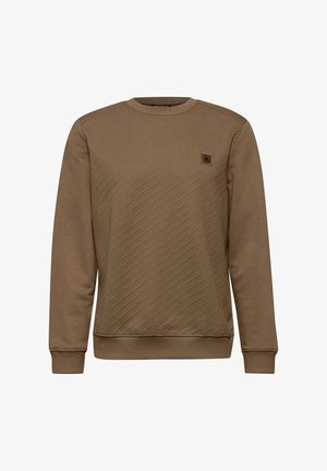 Hnědá mikina z texturované tkaniny s diagonálními vzory, kulatým výstřihem a žebrovanými manžetami. Na hrudi se nachází malé logo.