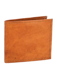 Brown leather wallet with a simple, rectangular design, featuring subtle stitching along the edges and a smooth texture.