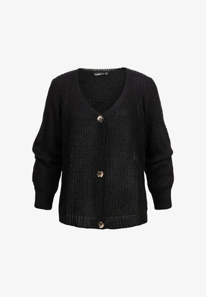 Cardigan noir en tricot avec un col en V, des manches longues et trois boutons à l'avant. Texture en maille ouverte et coupe ample. Étiquette de marque visible à l'intérieur.