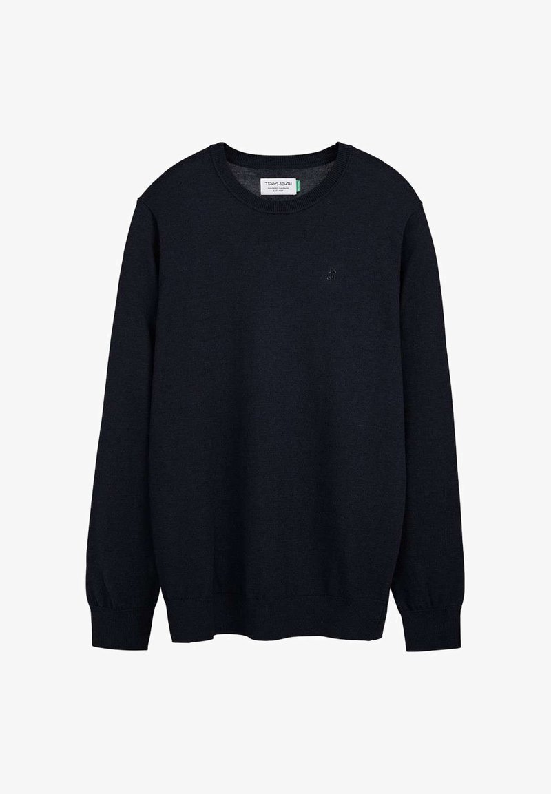 Pull noir à manches longues avec col rond, poignets et ourlet côtelés, arborant un petit logo brodé sur le côté gauche de la poitrine et une étiquette de marque au col.