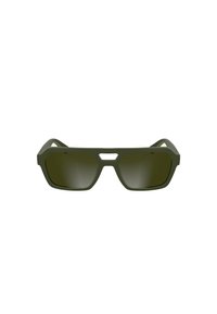 Grüne Sonnenbrille mit einem angularen, geometrischen Design. Verfügt über dunkle Gläser und eine matte Textur auf dem Rahmen. Dünne, breite Bügel.