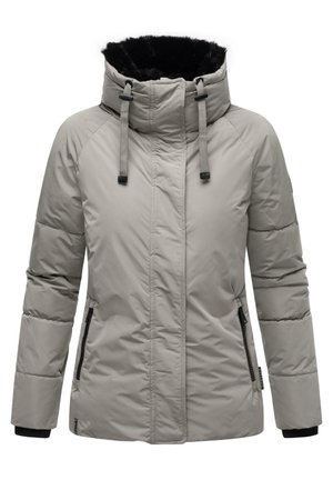 Grey puffer jacket with a high collar and black faux fur lining. Features zippered pockets, elastic cuffs, and a sleek, smooth texture.