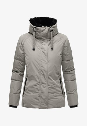 Grijze pufferjack met hoge kraag en zwarte nepbontvoering. Voorzien van ritssluitingen in de zakken, elastische manchetten en een slanke, gladde textuur.