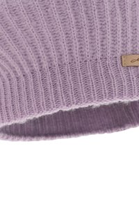 Purple knitted beanie with a ribbed texture and a folded cuff, featuring a small leather tag with brand name on the side.