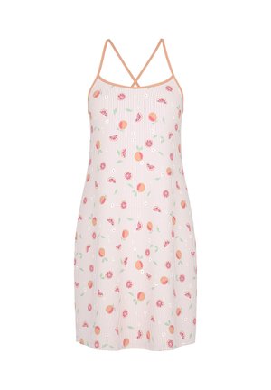Abito con spalline sottili e motivo a righe verticali con motivi di frutta rosa e arancione. Tessuto leggero, lunghezza al ginocchio.
