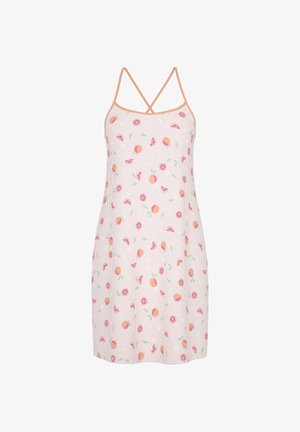 Abito con spalline sottili e motivo a righe verticali con motivi di frutta rosa e arancione. Tessuto leggero, lunghezza al ginocchio.