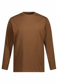 T-shirt a maniche lunghe marrone realizzato in morbido cotone. Presenta un colletto tondo e un piccolo logo in rilievo sul lato sinistro del petto. Design semplice e solido.
