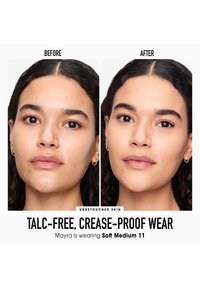 Twee naast elkaar geplaatste portretten van een persoon met onbewerkte huid. Links is de zichtbare huidtextuur te zien; rechts heeft een gelijke, gladde uitstraling.