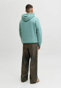 Mintgrüner Kapuzenpullover mit lockerer Passform, kombiniert mit braunen Jeans mit weitem Bein. Glatte Stoffstruktur, keine sichtbaren Muster oder Verzierungen.