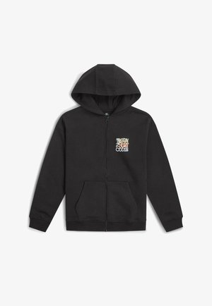 Črn pulover s kapuco na zadrgo in sprednjim žepom, z bež grafičnim logotipom na levi strani prsi. Iz mehkega, teksturiranega materiala.