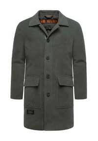 Cappotto verde scuro in misto lana con chiusura a bottoni, due tasche frontali e colletto a rever. Etichettato "STONE HARBOUR" all'interno.