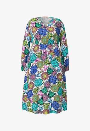 Bloem- en schedelpatroon jurk in levendige kleuren, met een V-hals, lange mouwen en een getailleerde taille voor vormgeving.