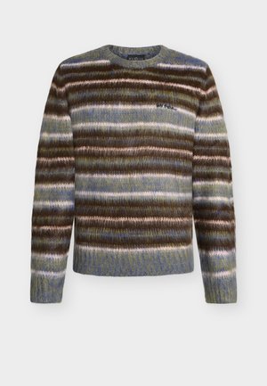 Knit sweater featuring alternating stripes in brown, blue, green, and cream. Crew neck with ribbed cuffs and hem for added texture.