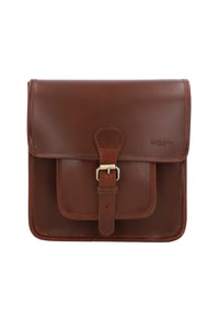 Brown leather messenger bag with a flap closure, rectangular shape, front pocket, and metal buckle accent. Smooth texture with stitched edges.
