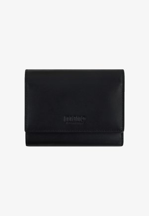 Schwarze Lederbörse mit genähten Kanten und geprägtem "mano"-Logo in der Mitte des Vorderdeckels, geschlossen und rechteckig geformt.