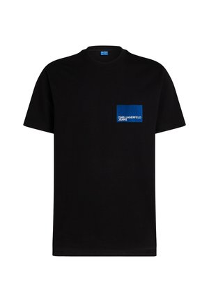 Schwarzes Baumwoll-T-Shirt mit kurzen Ärmeln, rundem Ausschnitt und einer blauen rechteckigen Tasche mit weißem Text "KARL LAGERFELD JEANS".