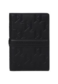 Fekete bőr pénztárca, kézzel nyomott geometriai mintával, elasztikus pánttal és nyomtatott logóval az elülső részen. Kompakt, téglalap alakú.