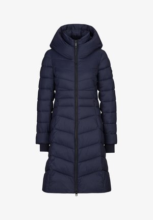 Marineblauwe pufferjas met een hoge kraag en volledige ritssluiting, voorzien van chevronstiksels en ribgebreide manchetten voor extra warmte.