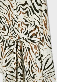 Robe chemise à rayures zèbre marron et noir, avec des boutons sur le devant et une ceinture en tissu nouée à la taille.
