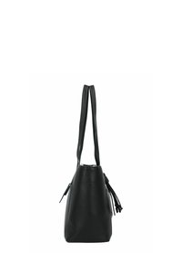 Sac en cuir noir avec une finition texturée, forme conique, double bandoulière et un gland décoratif sur un côté. Fermeture éclair sur le dessus.