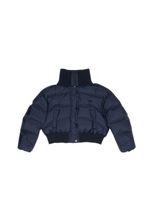 Chaqueta acolchada corta de color azul marino con cuello alto acanalado, presenta grandes secciones acolchadas, cierres de presión y puños acanalados en el dobladillo.