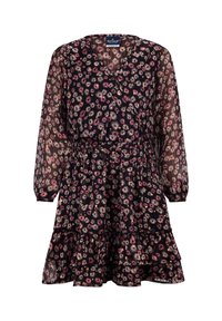 Schwarzes Blumenkleid mit V-Ausschnitt, langen durchsichtigen Ärmeln, elastischem Bund und Rüschensaum. Hat ein Muster aus pinken und gelben Blumen.