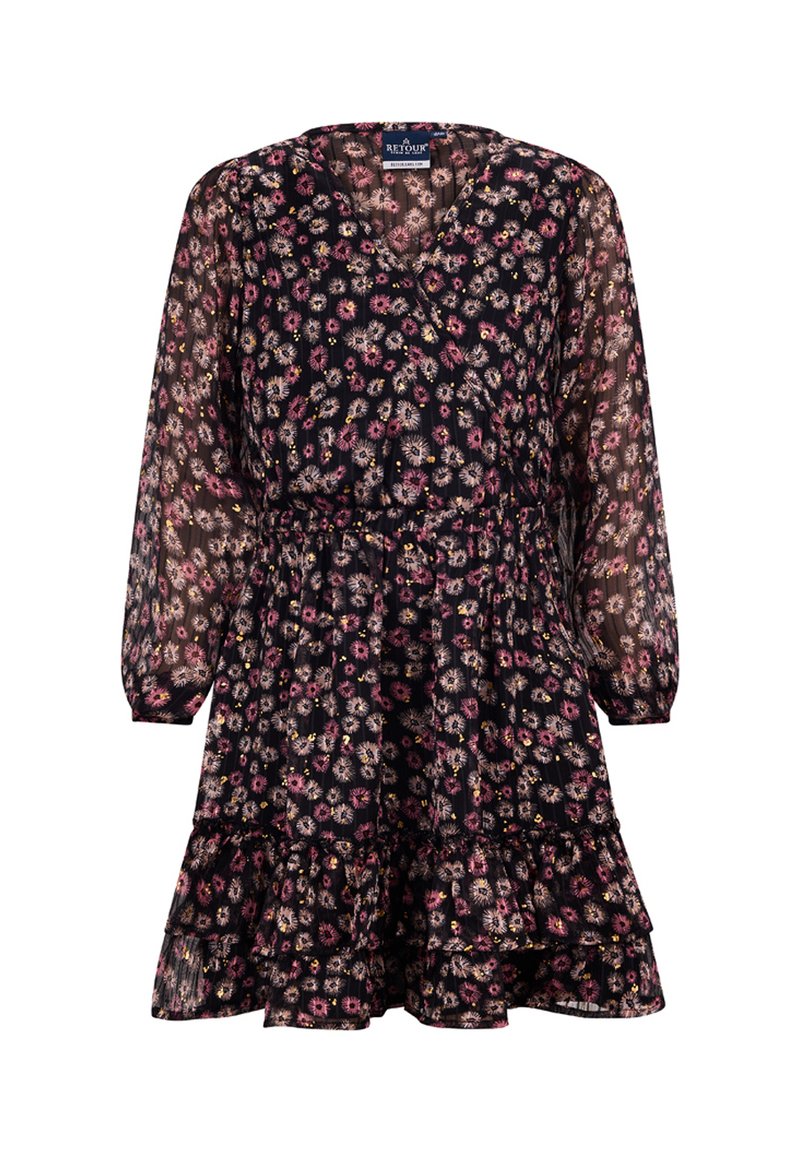 Schwarzes Blumenkleid mit V-Ausschnitt, langen durchsichtigen Ärmeln, elastischem Bund und Rüschensaum. Hat ein Muster aus pinken und gelben Blumen.