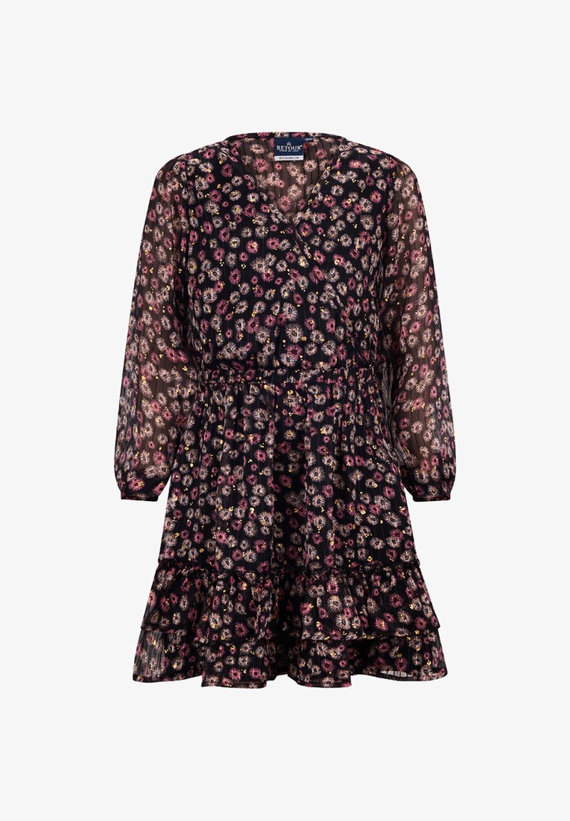 Schwarzes Blumenkleid mit V-Ausschnitt, langen durchsichtigen Ärmeln, elastischem Bund und Rüschensaum. Hat ein Muster aus pinken und gelben Blumen.