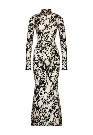 Langsleeve, getailleerde jurk van gladde stof, met een zwart en crème abstract patroon, een hoge hals en een uitlopende zoom.