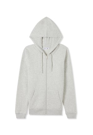 Felpa con zip di colore grigio chiaro, dotata di cappuccio, due tasche frontali, polsini a coste e una texture morbida. Design minimalista senza motivi o decorazioni.