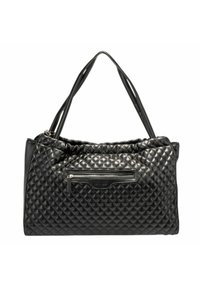 Borsa a tracolla nera trapuntata con tasca frontale zip, due manici lunghi e finitura testurizzata. Realizzata in materiale sintetico, presenta un design morbido e imbottito.