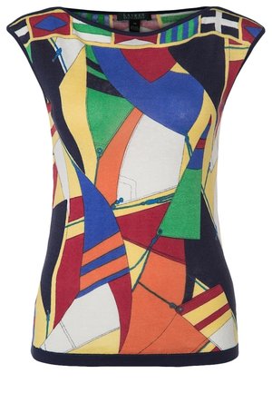 Bez rękawów top z żywym abstrakcyjnym wzorem żaglówki i geometrycznych kształtów w kolorach niebieskim, zielonym, czerwonym, żółtym, pomarańczowym i białym.