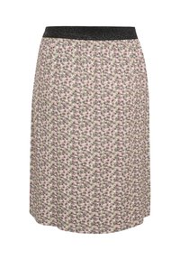 Falda floral con una cinturilla elástica negra, que presenta un patrón repetido de flores rosas y verdes sobre un fondo blanco. Textura de tela suave.