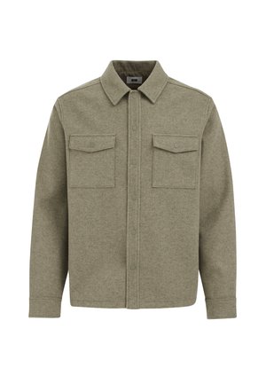 Chaqueta de mezcla de lana verde con cierre de botones en la parte delantera, dos bolsillos en el pecho, mangas largas y cuello. Textura suave y diseño clásico.