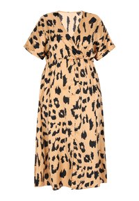 Leopardmønstret midikjole i et satinlignende stof. Har en omslagdesign, korte ærmer og en bælteliv med knapdetaljer.