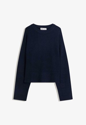 Navy blue trui gemaakt van zacht materiaal, met een ronde halslijn, lange mouwen en een geribbelde zoom en manchetten, met een cropped ontwerp.
