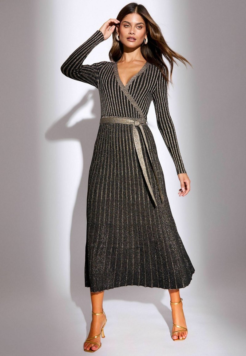 slim fit dress slacks Pre-loved Lipsy London Black Gold Lace Long Dress – GrandDays