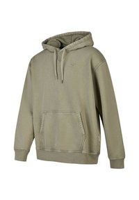 Olivgrüner Hoodie aus einem Baumwollmischgewebe, mit Kordelzugkapuze, Fronttasche und gerippten Bündchen und Saum.
