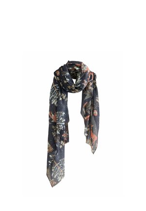 Dunkelblauer Schal mit orange-weißen botanischen und tierischen Mustern, darunter Blätter, Blumen und kleine Eulen, locker geknotet.